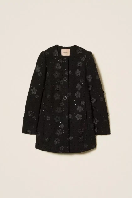 CAPPOTTO BOUCLE CON FIORI E PAILLETTES