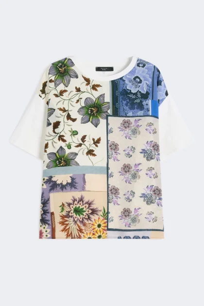 T-shirt in seta stampata e jersey di cotone stretch
