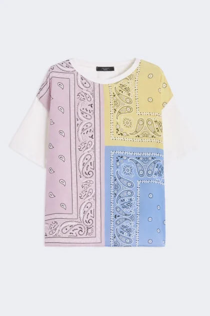 T-shirt in seta stampata e jersey di cotone stretch