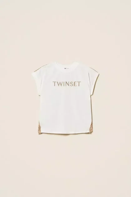 T-shirt con pizzo e logo ricamato