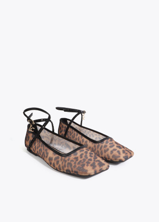 Scarpa Ballerina Piatta in Rete Animal Print con Cinturino Brillante